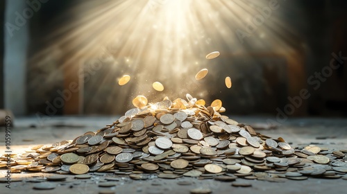 Abstract light beam hitting a pile of coins, evoking the intangible aura of worth photo