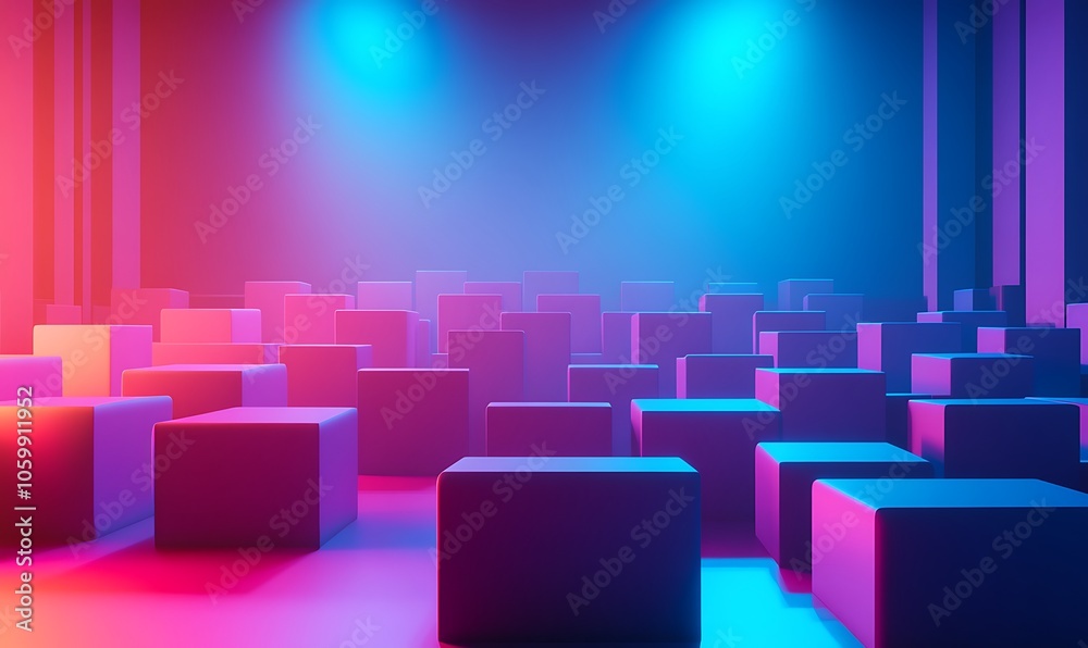 Obraz premium A vibrant scene with colorful cubes in a dimly lit space, suggesting a modern art installation.