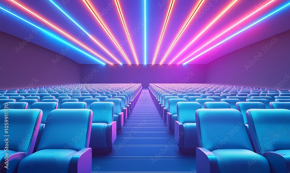 Obraz premium A futuristic cinema interior with vibrant neon lights and empty seating.