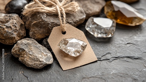 Diamond surrounded by rough stones with price tags, emphasizing contrast in perceived value