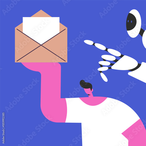 AI Mailbox message management automation and antispam filter with AI service. Cute robot and man holding envelope with email letter. Flat vector illustration.