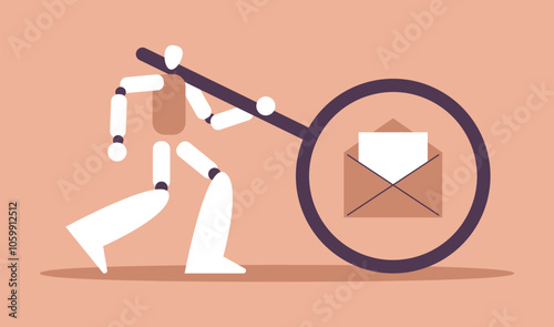 AI Mailbox message management automation and antispam filter with AI service. Cute robot holding magnificent glass envelope with email letter. Flat vector illustration.