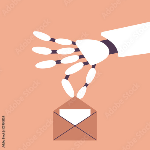 AI Mailbox message management automation and antispam filter with AI service. Cute Robot Arm holding envelope with email letter to receive and send digital correspondence. Flat vector illustration.