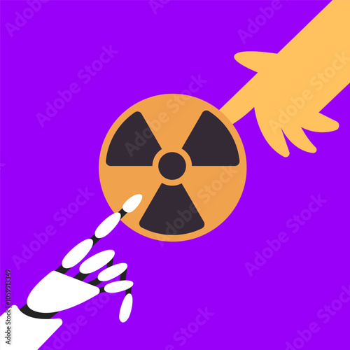 Nuclear power plant using robots  with AI and people. Electricity, chemical energy, industrial plants. Nuclear fusion with artificial intelligence. Flat vector illustration in cartoon style.