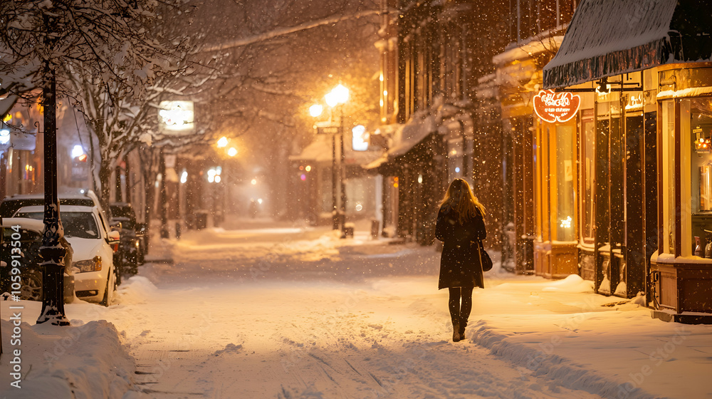 Obraz premium Woman Walking Through a Snowy Deserted Street at Night
