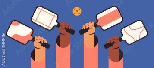 Pickleball game on court. Pickleball Team players with rackets. Sport activity, match, training equipment. Game, serve with rackets. Flat vector illustration in cartoon style.