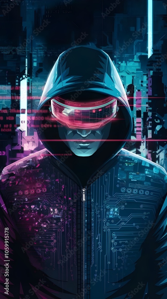 Obraz premium Young Man cyberpunk character wearing a dark hooded jacket