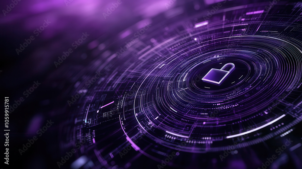 Fototapeta premium Abstract lock symbol on dark background with digital patterns, representing cybersecurity and data protection. vibrant purple tones enhance futuristic feel