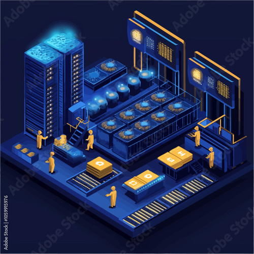 Isometric Cryptocurrency Mining Farm with Workers