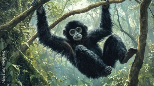 A Hainan Gibbon swinging gracefully through tree branches on Hainan Island. Its sleek black fur, lean limbs, and expressive face stand out against dense, green forest leaves.