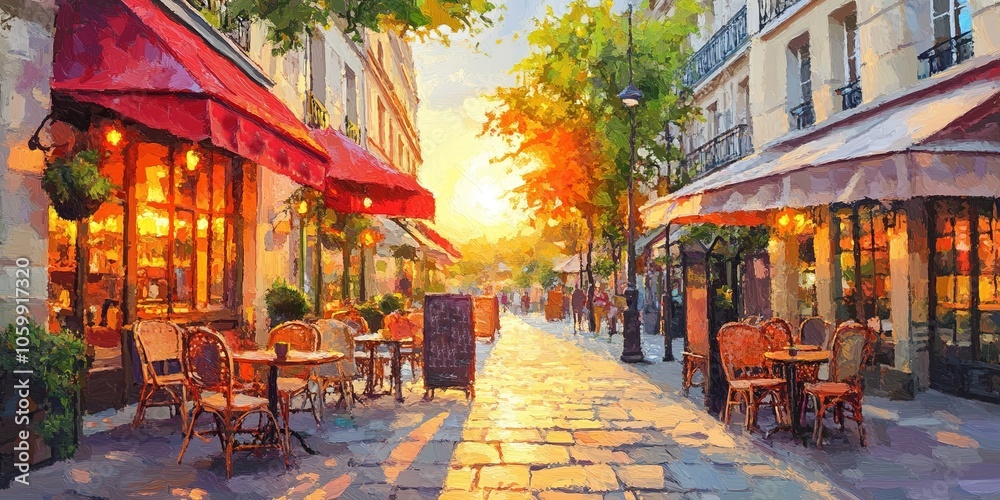Fototapeta premium Abstract Impressionist Illustration of a Bright Sunrise Over a Parisian Street, Featuring Vivid Oil Painting Texture. Sunlight Breaks Through the Clouds, Illuminating the Avenues, While the Outdoor Ca