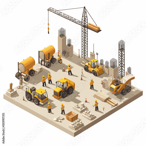 Isometric Construction Site with Workers and Machinery