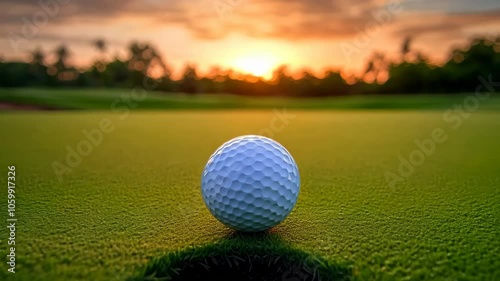 A golf ball is sitting in a hole on a green grass field. The sun is setting in the background, creating a warm and peaceful atmosphere