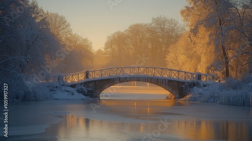 A serene winter morning showcases a snow-covered bridge spanning a calm lake, surrounded by trees draped in frost. The golden light of dawn enhances the peaceful atmosphere. photo