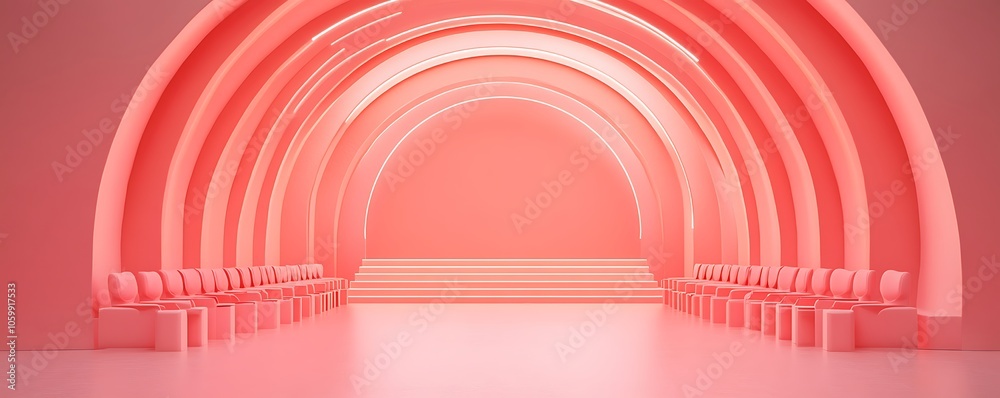 Obraz premium A minimalist, pink-toned interior space designed for events or presentations.