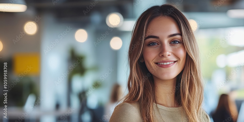 Obraz premium Smiling Young Woman in Modern Office Setting with Soft Lighting