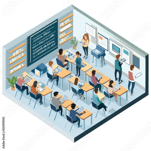 Isometric Digital Classroom: Students & Tech