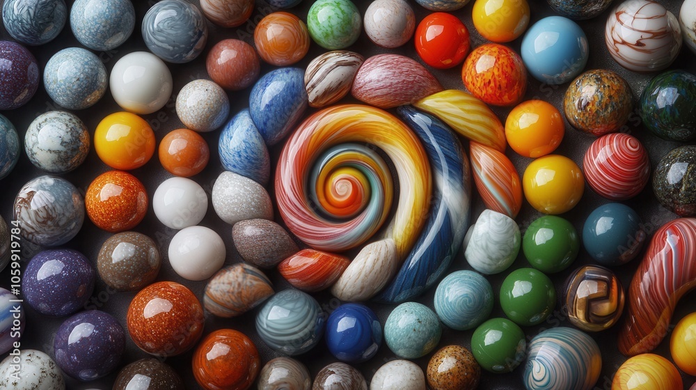 Fototapeta premium Spiral arrangement of multicolored glass marbles showing intricate pattern with various colors and reflections