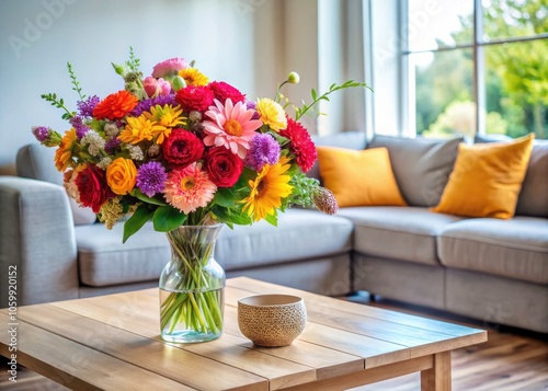 Wallpaper Mural Elegant Living Room with Flowers on Wooden Table and Grey Settee, Inviting Atmosphere, White Interior Decor, Cozy Home Aesthetic, Perfect for Home Decor Inspiration Torontodigital.ca