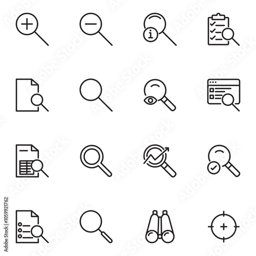 Search line icons set. Zoom, find document, magnify glass symbol, look tool, binoculars minimal vector illustrations
