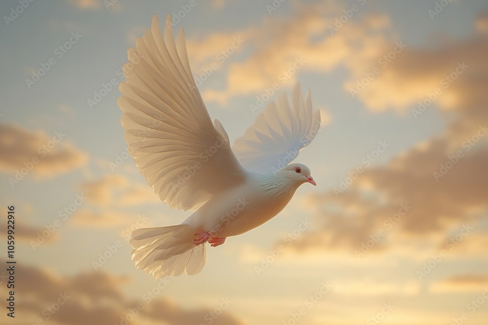 Obraz premium White Dove Flying Sunset
