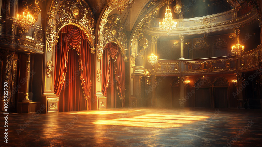 Fototapeta premium Golden theater hall with dramatic red curtains and sunlight