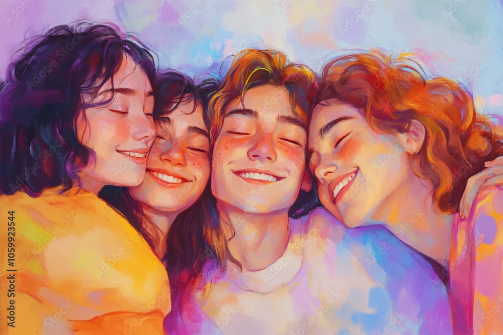 Fototapeta premium Group of Friends in Soft Pastel Illustration