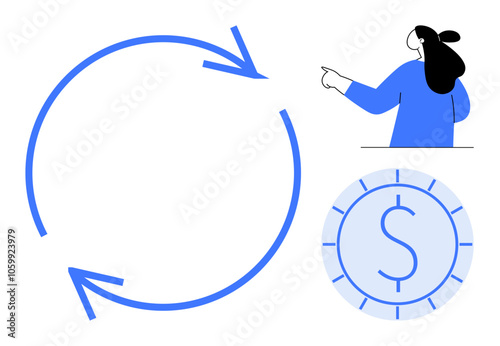 Large circular arrow with a currency symbol next to a person pointing. Ideal for business processes, finance, teamwork, presentations and project management. Minimalist design style