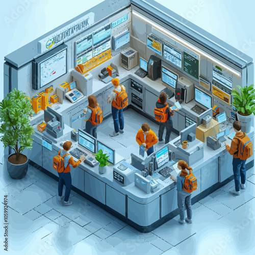 Isometric Bank Interior Customers Transactions