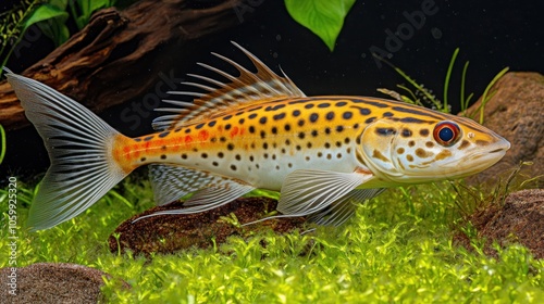 A yellow and orange spotted freshwater fish with a large dorsal fin swims in an aquarium. photo