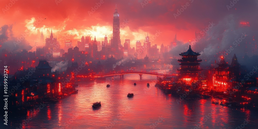 A Cityscape with Red Sky and River Reflections A Cityscape with Red Sky and River Reflections
