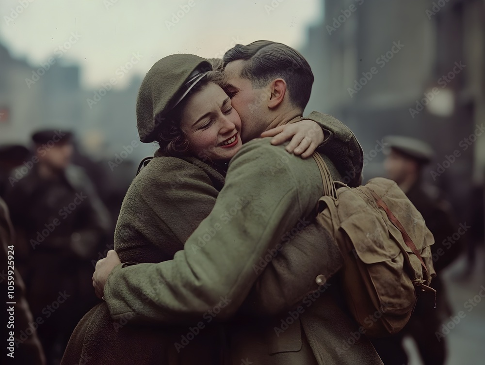 Fototapeta premium Poignant Wartime Homecoming Soldiers Reunited with Loved Ones in Emotional Embrace