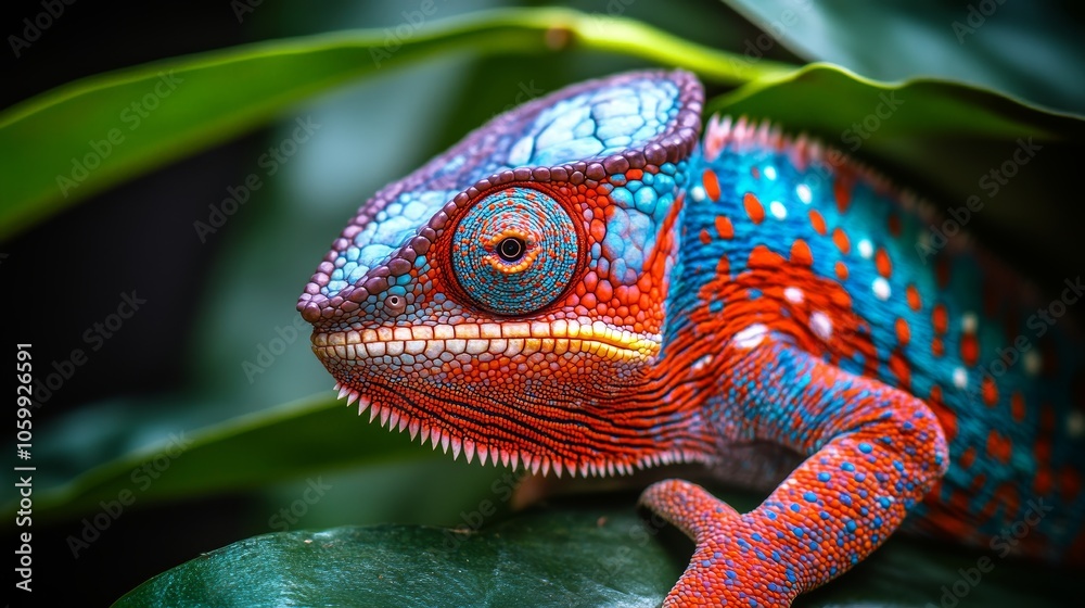 Fototapeta premium Close Up of a Colorful Chameleon with Green Leaves in the Background