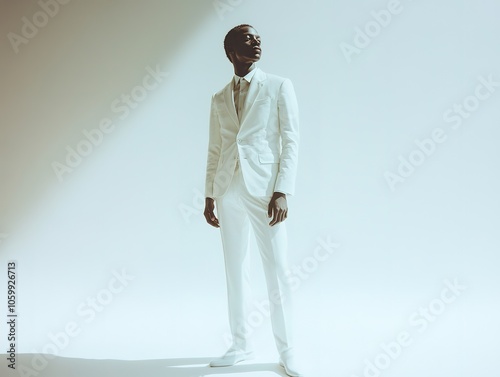 Woman in White Blazer with Poised Look on Minimal Background. photo