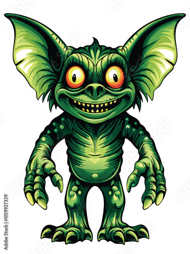 Design a mischievous gremlin-like monster with sharp claws, pointed ears, and glowing red eyes.