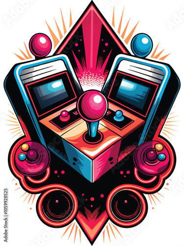 Design a vector t-shirt with a retro 80s arcade aesthetic featuring pixelated graphics, neon colors, and iconic arcade game elements.