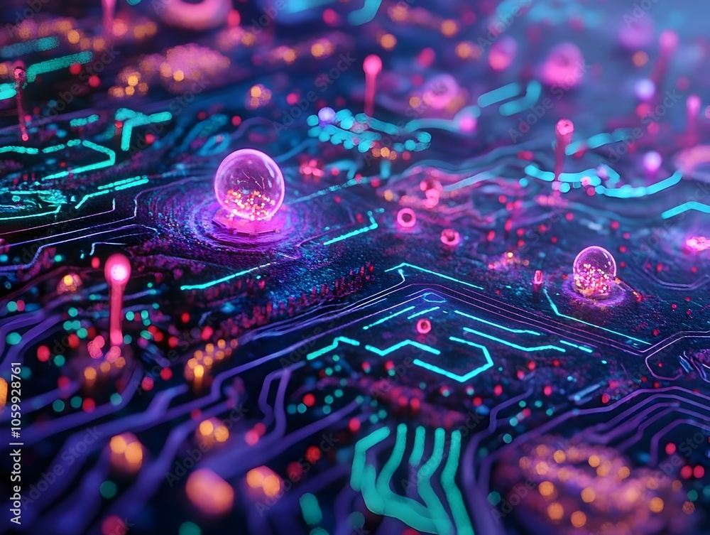 Fototapeta premium Mesmerizing Fusion of Biology and Neon Hued Technology Microscopic Perspective of a Living Circuit Board