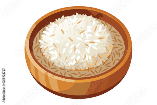 White Rice in Bowl - Top View, Isolated on White Background.