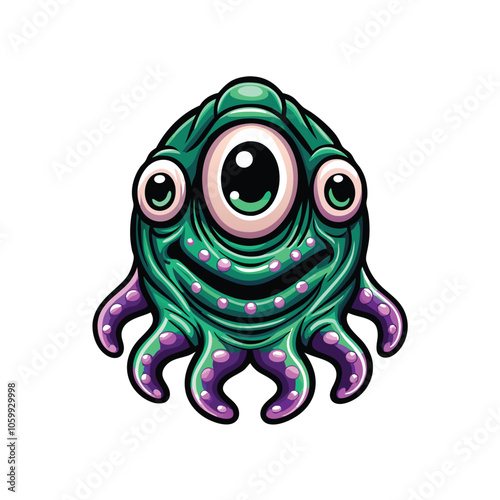 Draw a chubby, tentacled monster with big, round eyes and a friendly smile.