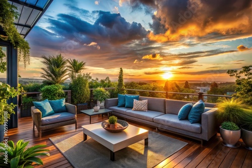 Wallpaper Mural Rooftop Sunset Portrait Photography with Soft Tones and Warm Blue Light, Capturing Vibrant Balcony Life Vibes for Serene Atmosphere and Relaxing Moments Torontodigital.ca