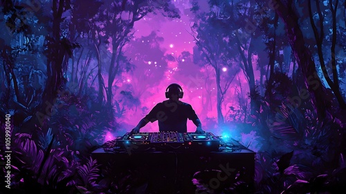 Neon Light Painting of DJ Mixing Music at Moonlit Forest Rave with Glowing Electronic Equipment
