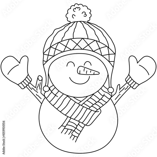 Snowman with scarf wears an earflap hat knitting beanie and mitten