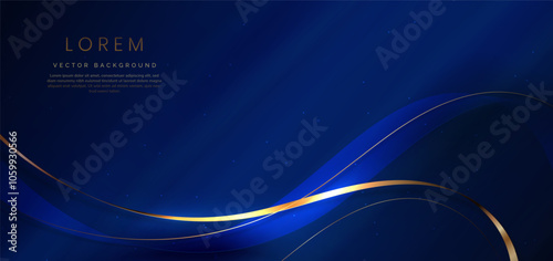 3D gold curved dark blue ribbon on dark blue background with lighting effect and sparkle with copy space for text. Luxury design style.