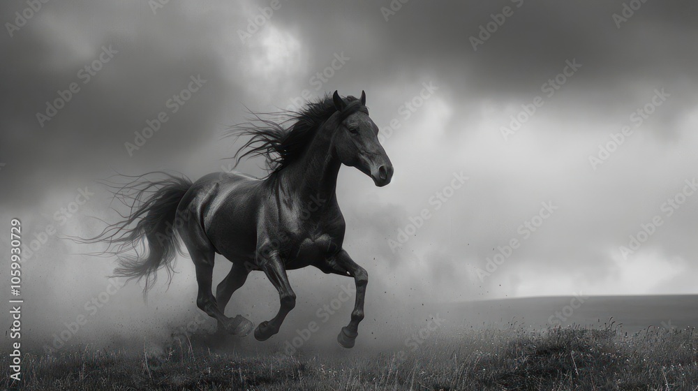 Obraz premium A galloping horse in a stormy environment.
