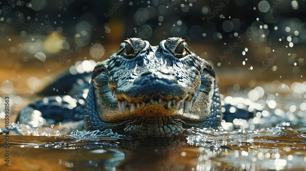 Obraz premium An alligator is partially submerged, swimming on top of a body of water with ripples.