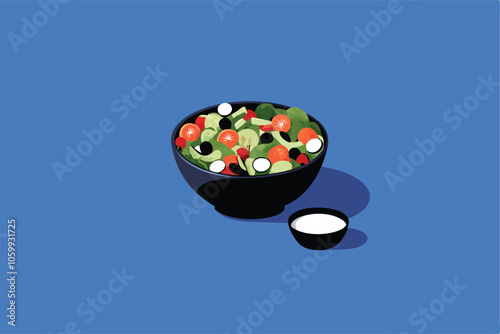 A colorful, flat vector design of a salad bowl overflowing with fresh green lettuce, vibrant red tomatoes, crisp cucumbers, and bright yellow bell peppers.