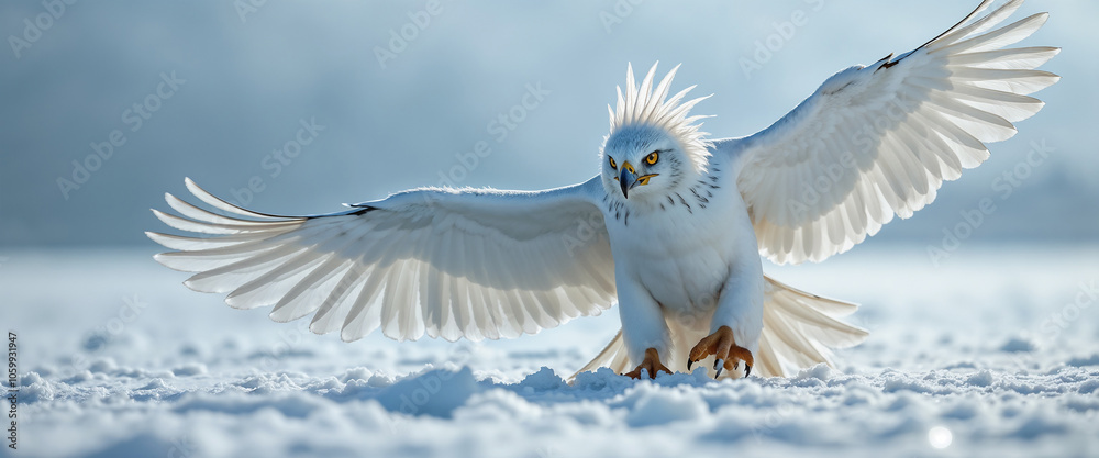 Obraz premium Majestic Snowy Owl Displaying Powerful Wings Against Winter Landscape