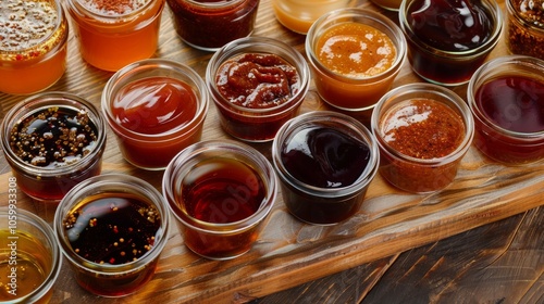 A table displaying different types of homemade sauces and marinades with flavors like chipotle honey and bourbon barbecue. photo