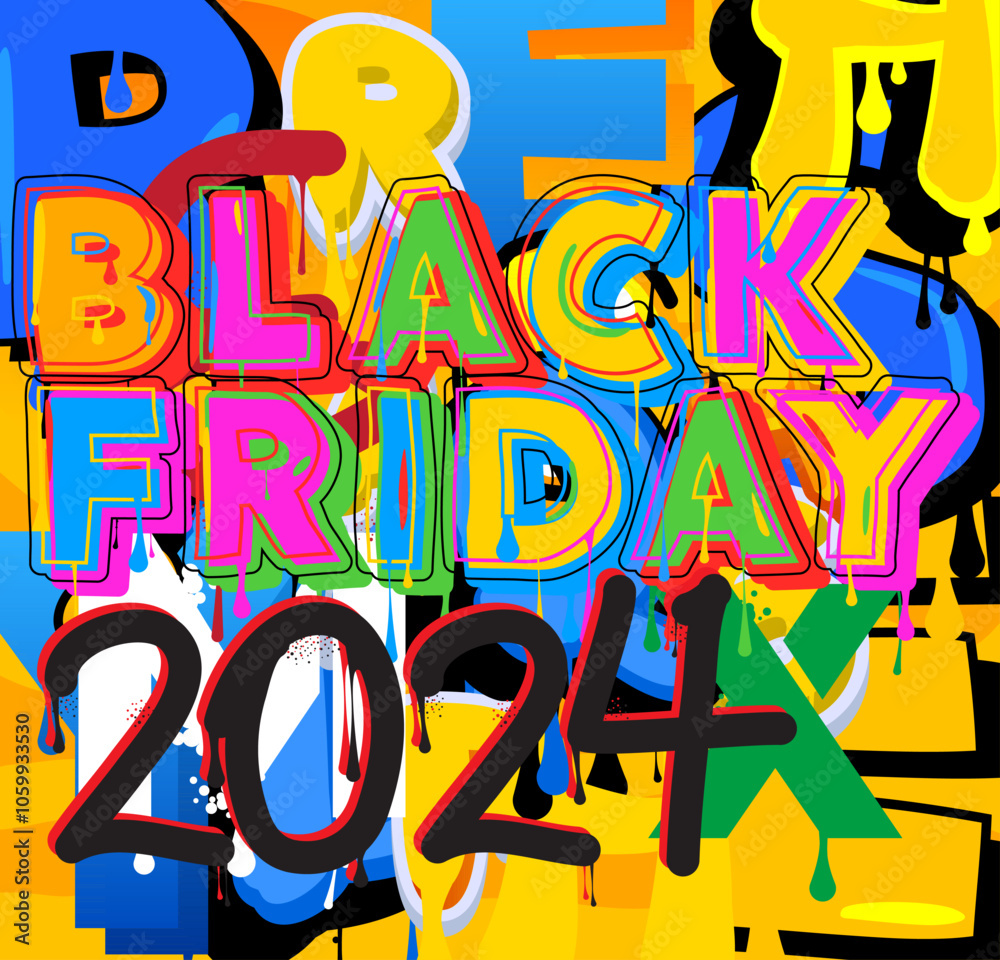 Fototapeta premium Black Friday 2024 Graffiti tag. Abstract modern street art decoration performed in urban painting style.