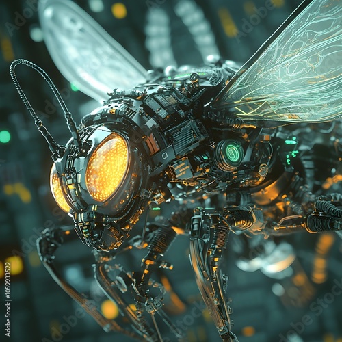 Hyper detailed CG Visualization of a Cybernetically Enhanced Pollinator Insect with Advanced Exoskeletal Frame and Biomechanical Details photo